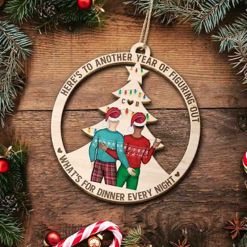 Gift For Couples - Christmas Couple Figuring Out Dinner - Personalized Wooden Cutout Ornament