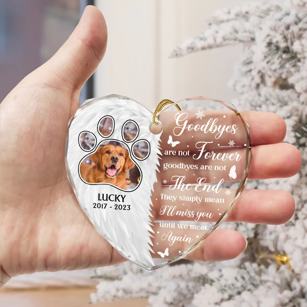 Memorial, Family - Custom Photo Wings Memorial Goodbyes Are Not Forever - Personalized Heart Shaped Glass Ornament