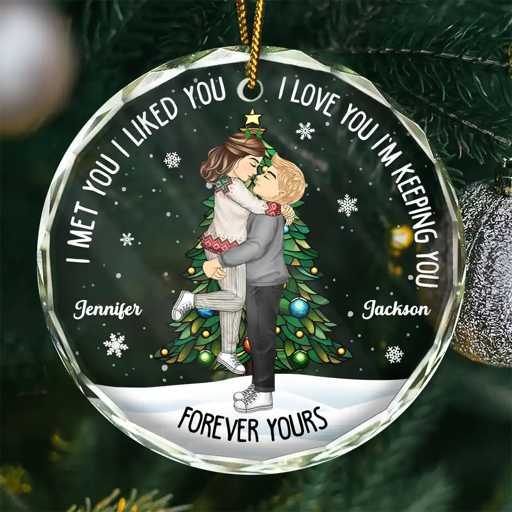 Christmas Couple Kissing Forever Yours - Personalized Circle Glass Ornament