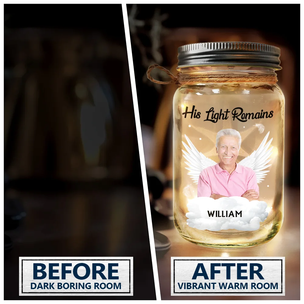 Custom Photo,Memorial,Family,Sad - Custom Photo Memorial Her Light Remains - Personalized Mason Jar Light