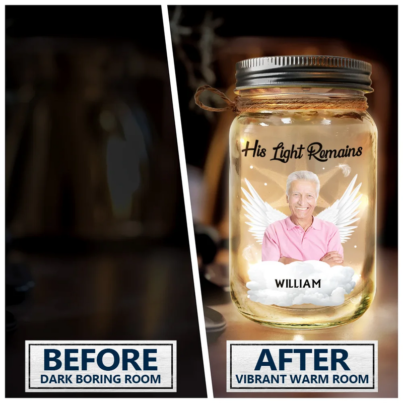 Custom Photo,Memorial,Family,Sad - Custom Photo Memorial Her Light Remains - Personalized Mason Jar Light