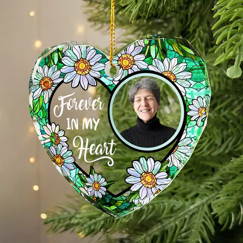 Memorial,Custom Photo,Sad,Christmas,Gift For Husband,Gift For Wife,Gift For Grandma,Gift For Mother,Gift For Father,Gift For Grandpa,Gift For Grandparents,Parents,Gift For Daughter,Gift For Son,Gift For Sibling,Gift For Sisters,Gift For Brothers,Family - Custom Photo Floral Forever In Our Hearts - Personalized Heart Shaped Glass Ornament