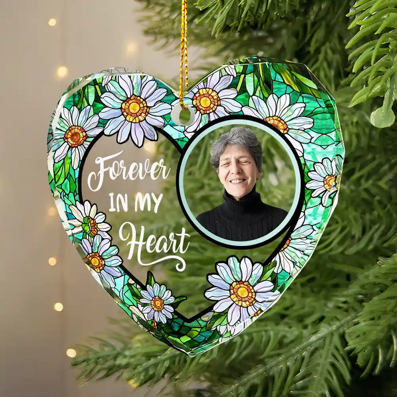 Memorial,Custom Photo,Sad,Christmas,Gift For Husband,Gift For Wife,Gift For Grandma,Gift For Mother,Gift For Father,Gift For Grandpa,Gift For Grandparents,Parents,Gift For Daughter,Gift For Son,Gift For Sibling,Gift For Sisters,Gift For Brothers,Family - Custom Photo Floral Forever In Our Hearts - Personalized Heart Shaped Glass Ornament