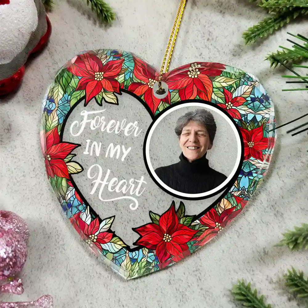 Memorial,Custom Photo,Sad,Christmas,Gift For Husband,Gift For Wife,Gift For Grandma,Gift For Mother,Gift For Father,Gift For Grandpa,Gift For Grandparents,Parents,Gift For Daughter,Gift For Son,Gift For Sibling,Gift For Sisters,Gift For Brothers,Family - Custom Photo Floral Forever In Our Hearts - Personalized Heart Shaped Glass Ornament
