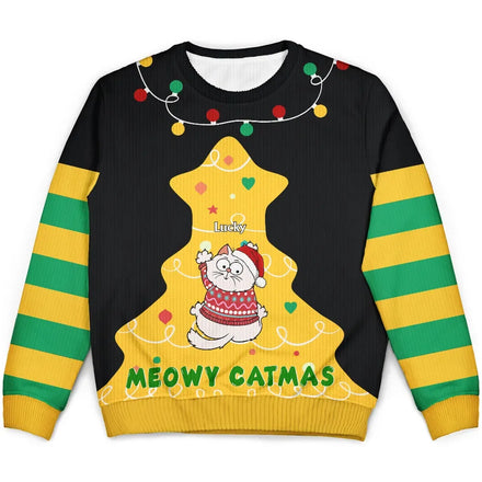 Chat grimpant au sapin de Noël - Pull moche unisexe personnalisé 