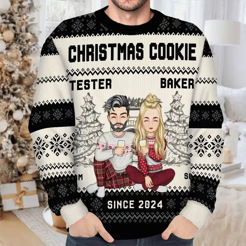 Gift For Couples, Gift For Husband, Gift For Wife, Gift For Boyfriend, Gift For Girlfriend - Christmas Couple Cookie Tester & Baker - Personalized Unisex Ugly Sweater