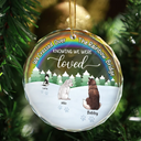 Memorial, Dog Lovers, Pet Lovers, Cat Lovers, Dog Mom, Cat Mom, Pet Mom, Cat Dad, Dog Dad, Pet Dad - Snowy Over The Rainbow Bridge - Personalized Personalized Circle Glass Ornament