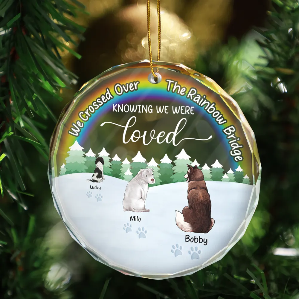 Memorial, Dog Lovers, Pet Lovers, Cat Lovers, Dog Mom, Cat Mom, Pet Mom, Cat Dad, Dog Dad, Pet Dad - Snowy Over The Rainbow Bridge - Personalized Personalized Circle Glass Ornament