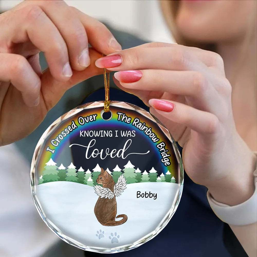 Memorial, Dog Lovers, Pet Lovers, Cat Lovers, Dog Mom, Cat Mom, Pet Mom, Cat Dad, Dog Dad, Pet Dad - Snowy Over The Rainbow Bridge - Personalized Personalized Circle Glass Ornament