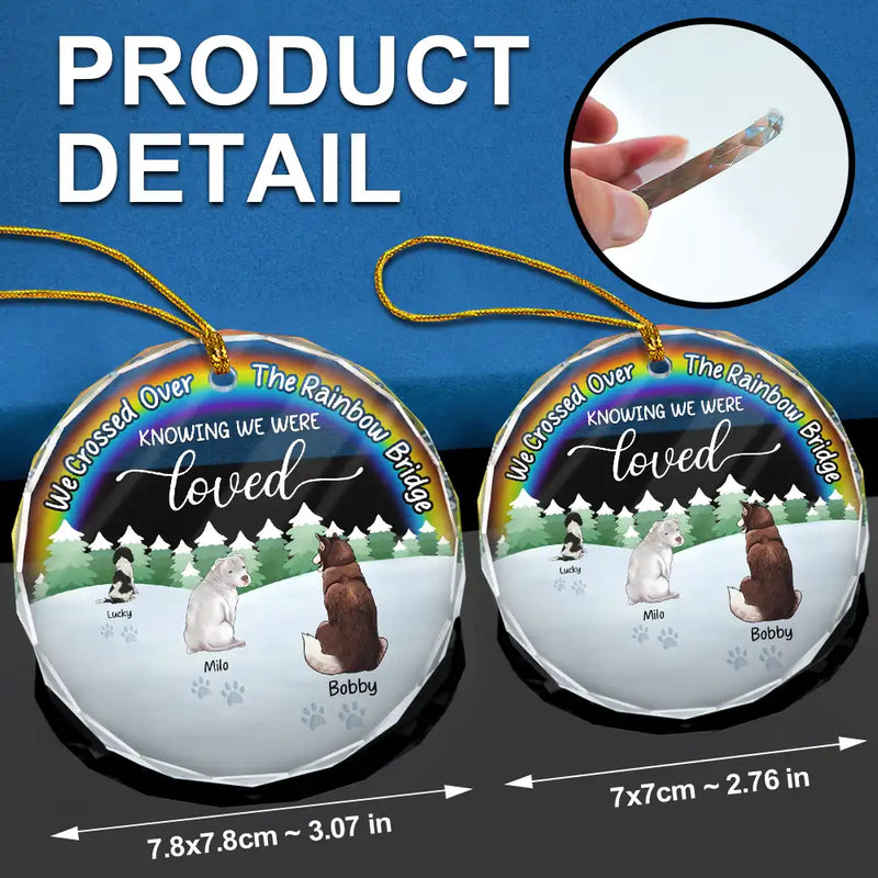 Memorial, Dog Lovers, Pet Lovers, Cat Lovers, Dog Mom, Cat Mom, Pet Mom, Cat Dad, Dog Dad, Pet Dad - Snowy Over The Rainbow Bridge - Personalized Personalized Circle Glass Ornament