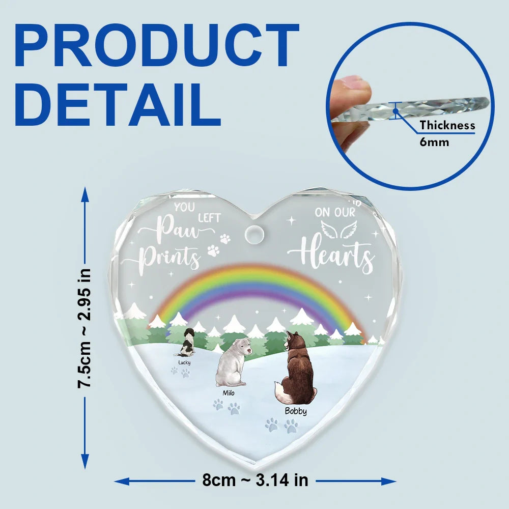 Dog Lovers, Pet Lovers, Cat Lovers, Memorial - Paw Prints On My Heart - Personalized Heart Shaped Glass Ornament
