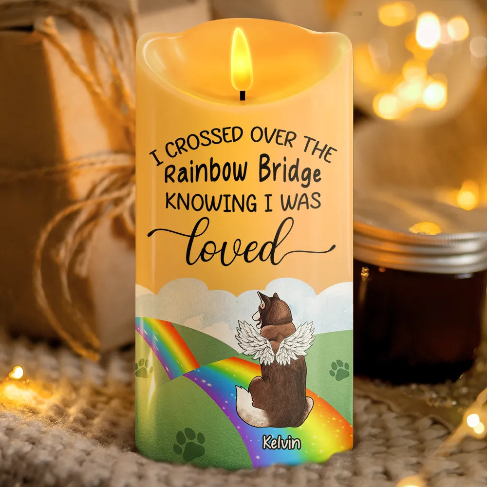 Memorial,Dog Lovers,Pet Lovers,Dog Mom,Cat Lovers,Cat Mom,Pet Mom,Dog Dad,Cat Dad,Pet Dad - Over The Rainbow Bridge - Personalized Flameless LED Candle
