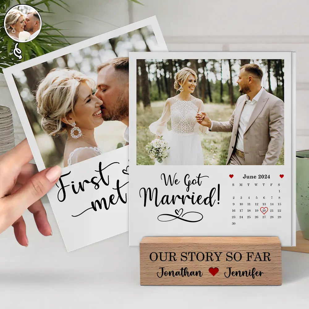 Gift For Couples,Gift For Husband,Gift For Wife,Gift For Boyfriend,Gift For Girlfriend,Love - Custom Photo Calendar Our Story So Far - Personalized Custom Shaped Cardstock With Wooden Stand