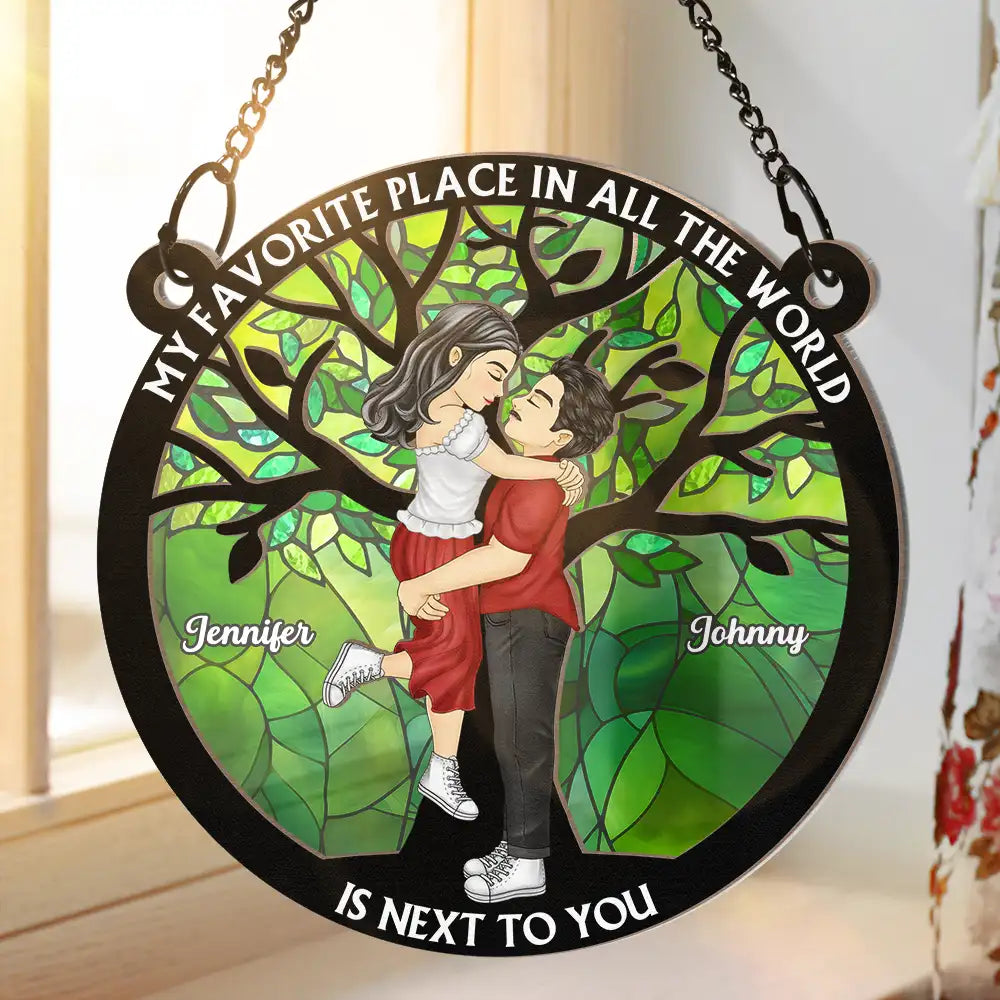 Couple Cartoon Kissing My Favorite Place In All The World - Personalized Window Hanging Suncatcher Ornament