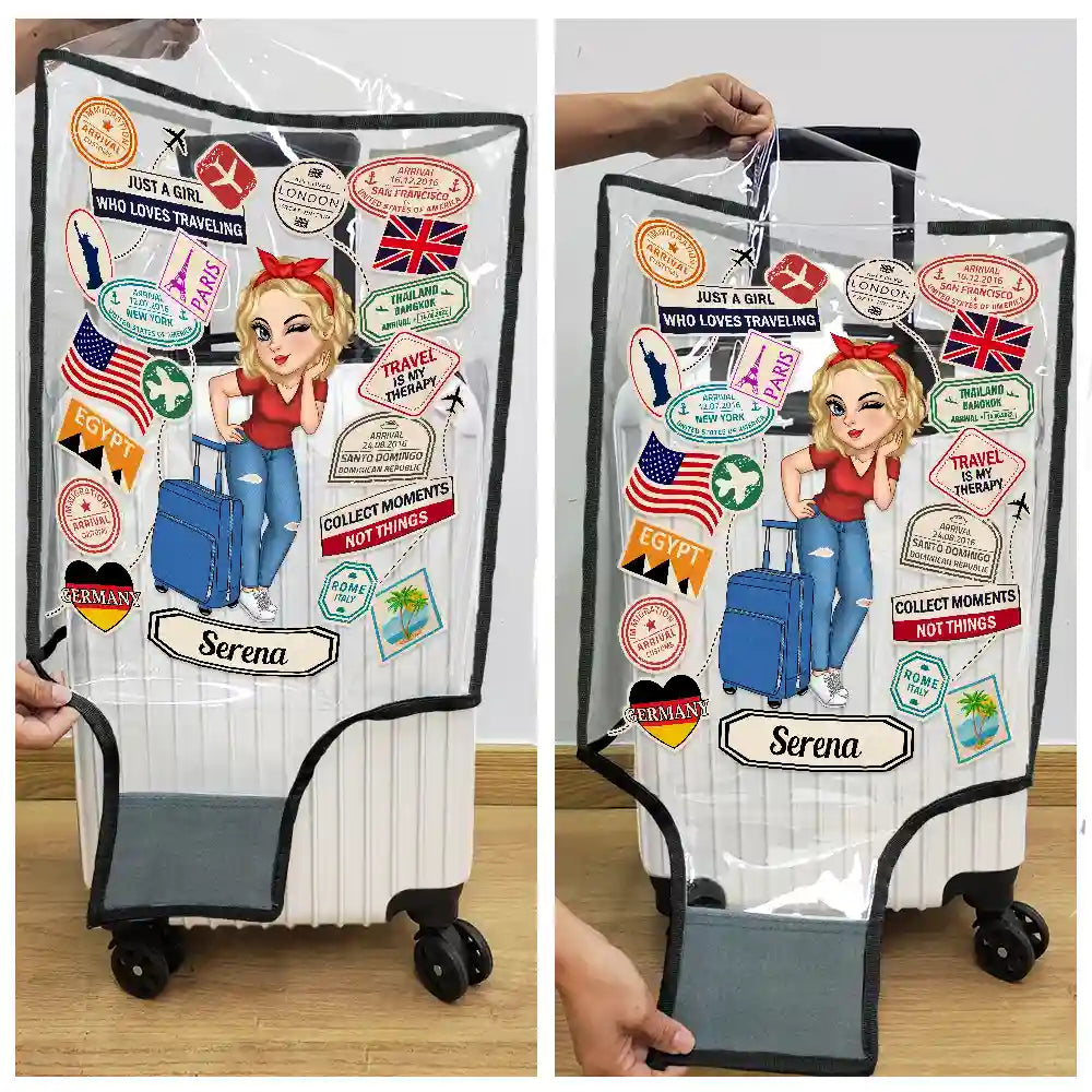 Travel,Gift For Yourself,Happy - Travel Sticker Just A Girl Who Loves Traveling - Personalized Clear Luggage Cover