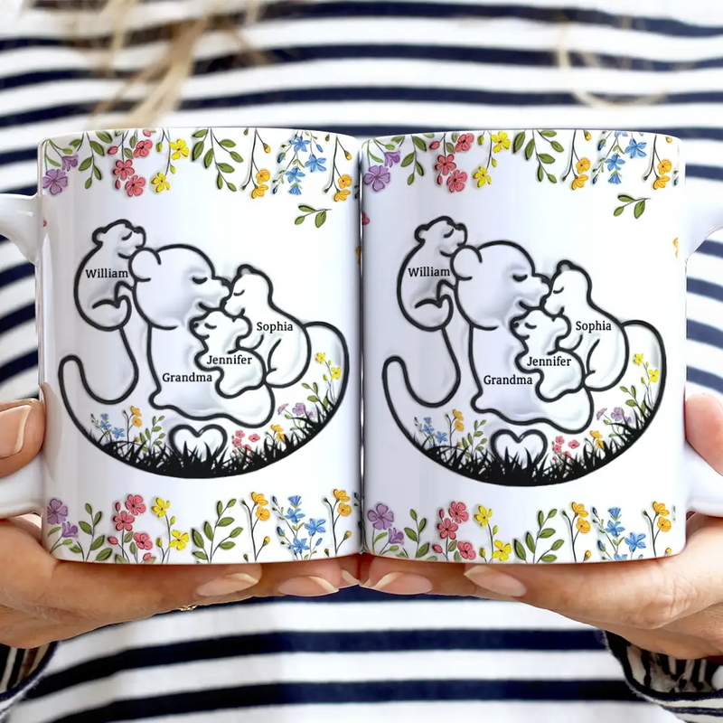 Gift For Grandma, Gift For Mother, Happy - Grandma Bear Floral - 3D Inflated Effect Printed Mug, Personalized White Edge-to-Edge Mug
