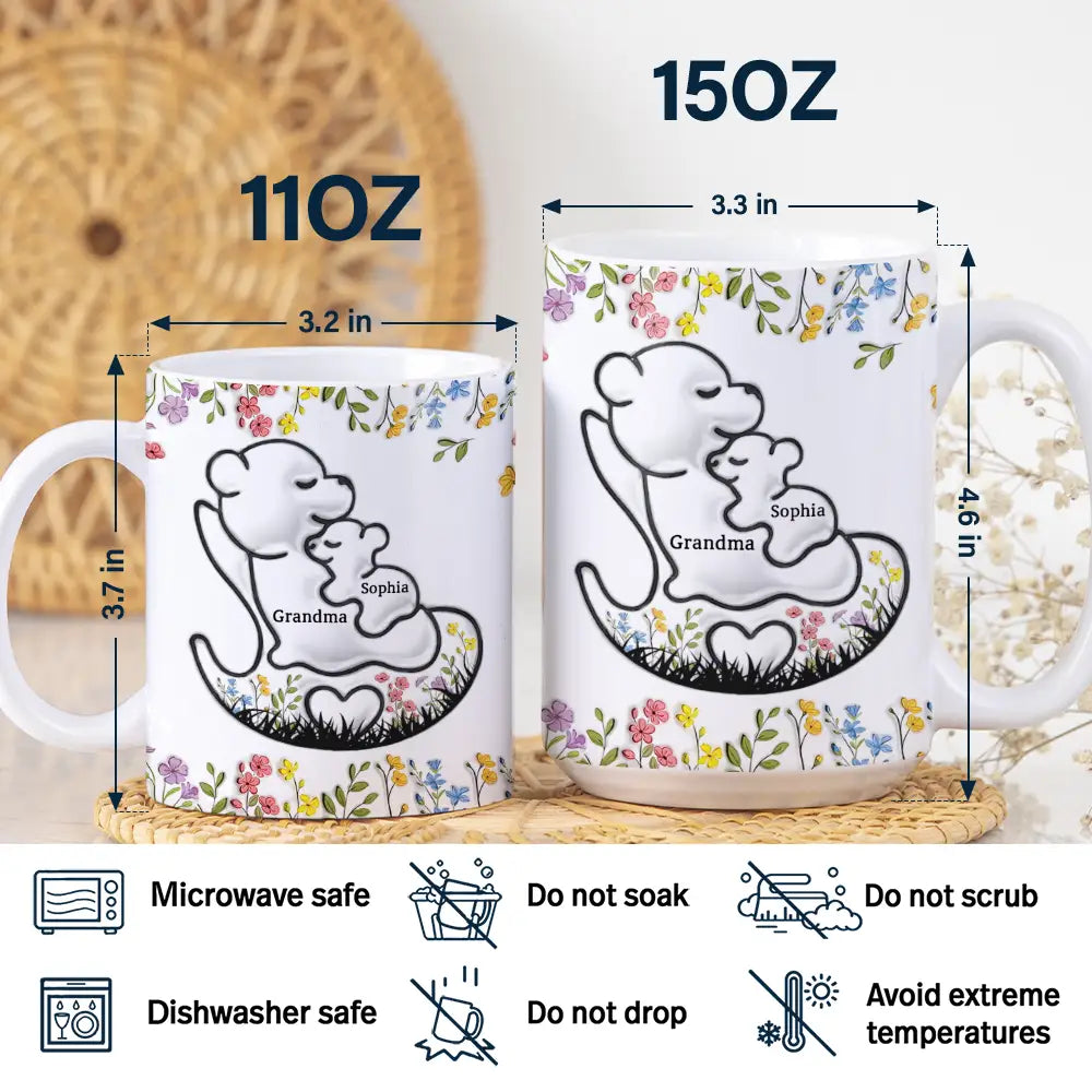 Gift For Grandma, Gift For Mother, Happy - Grandma Bear Floral - 3D Inflated Effect Printed Mug, Personalized White Edge-to-Edge Mug