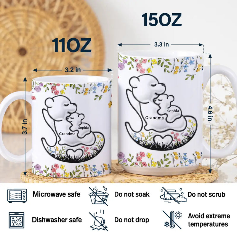 Gift For Grandma, Gift For Mother, Happy - Grandma Bear Floral - 3D Inflated Effect Printed Mug, Personalized White Edge-to-Edge Mug
