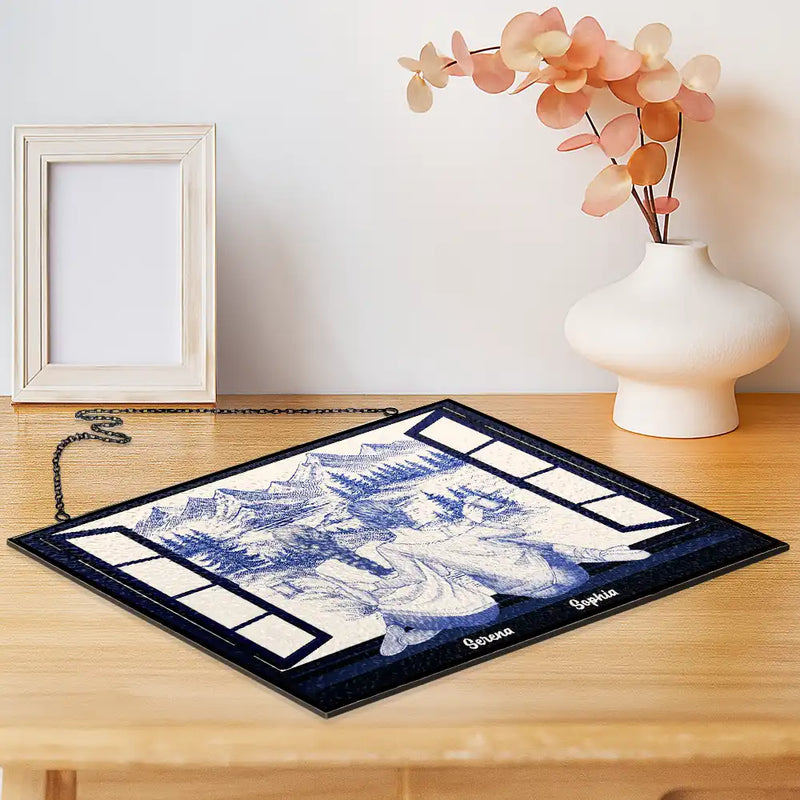 Gift For Bestie,Love - Mountain Cabin Window Toile Art Bestie - Personalized Horizontal Stained Glass Suncatcher