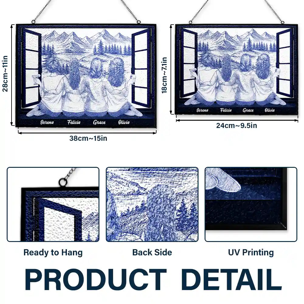 Gift For Bestie,Love - Mountain Cabin Window Toile Art Bestie - Personalized Horizontal Stained Glass Suncatcher
