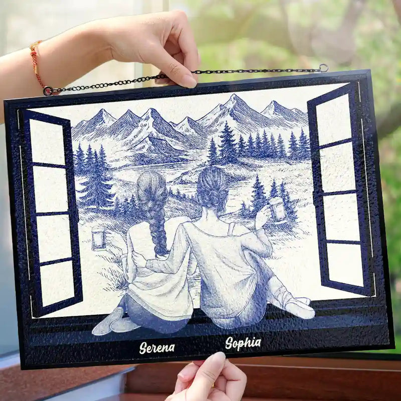 Gift For Bestie,Love - Mountain Cabin Window Toile Art Bestie - Personalized Horizontal Stained Glass Suncatcher