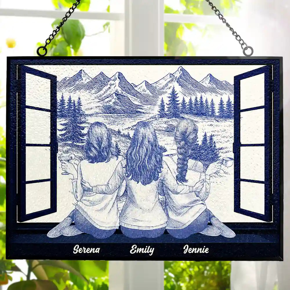 Gift For Bestie,Love - Mountain Cabin Window Toile Art Bestie - Personalized Horizontal Stained Glass Suncatcher