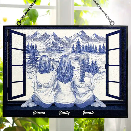 Mountain Cabin Window Toile Art Bestie - Personalized Horizontal Stained Glass Suncatcher