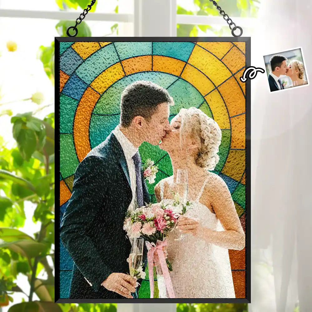 Gift For Couples,Wedding,Love - Custom Photo First Year Married Couple Wedding Anniversary Gift - Personalized Vertical Stained Glass Suncatcher
