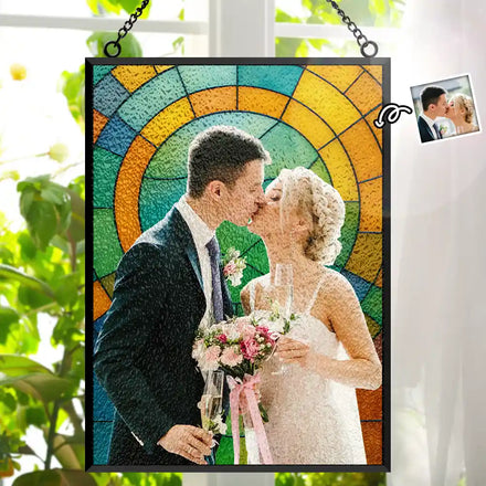 Custom Photo First Year Married Couple Wedding Anniversary Gift - Personalized Vertical Stained Glass Suncatcher