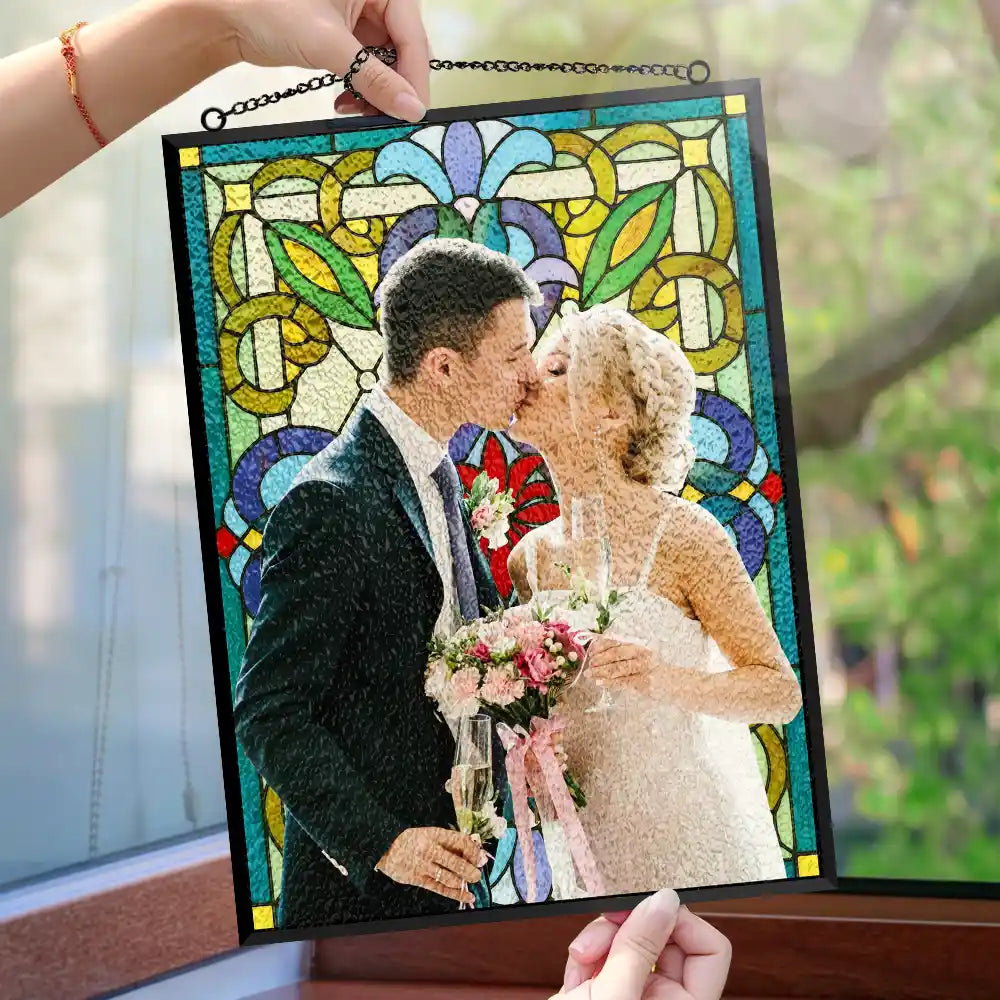 Gift For Couples,Wedding,Love - Custom Photo First Year Married Couple Wedding Anniversary Gift - Personalized Vertical Stained Glass Suncatcher