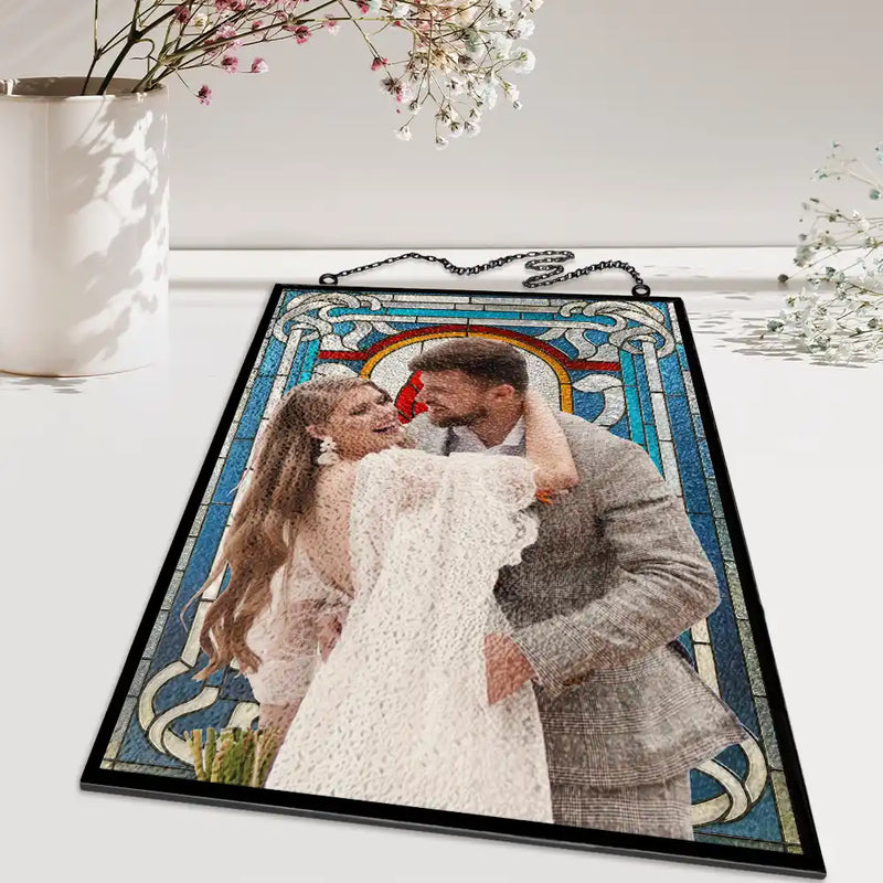 Gift For Couples,Wedding,Love - Custom Photo First Year Married Couple Wedding Anniversary Gift - Personalized Vertical Stained Glass Suncatcher
