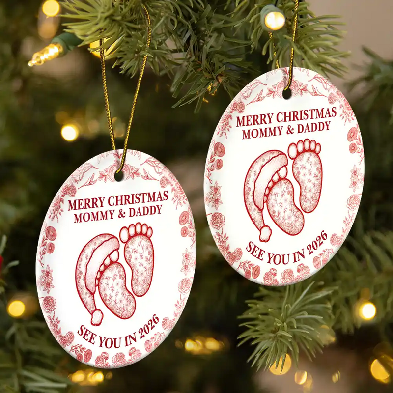Christmas,New Dad,New Mom,Family,Happy - Baby Expecting See You In 2026 Toile Pattern - Personalized Circle Ceramic Ornament