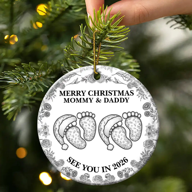 Christmas,New Dad,New Mom,Family,Happy - Baby Expecting See You In 2026 Toile Pattern - Personalized Circle Ceramic Ornament