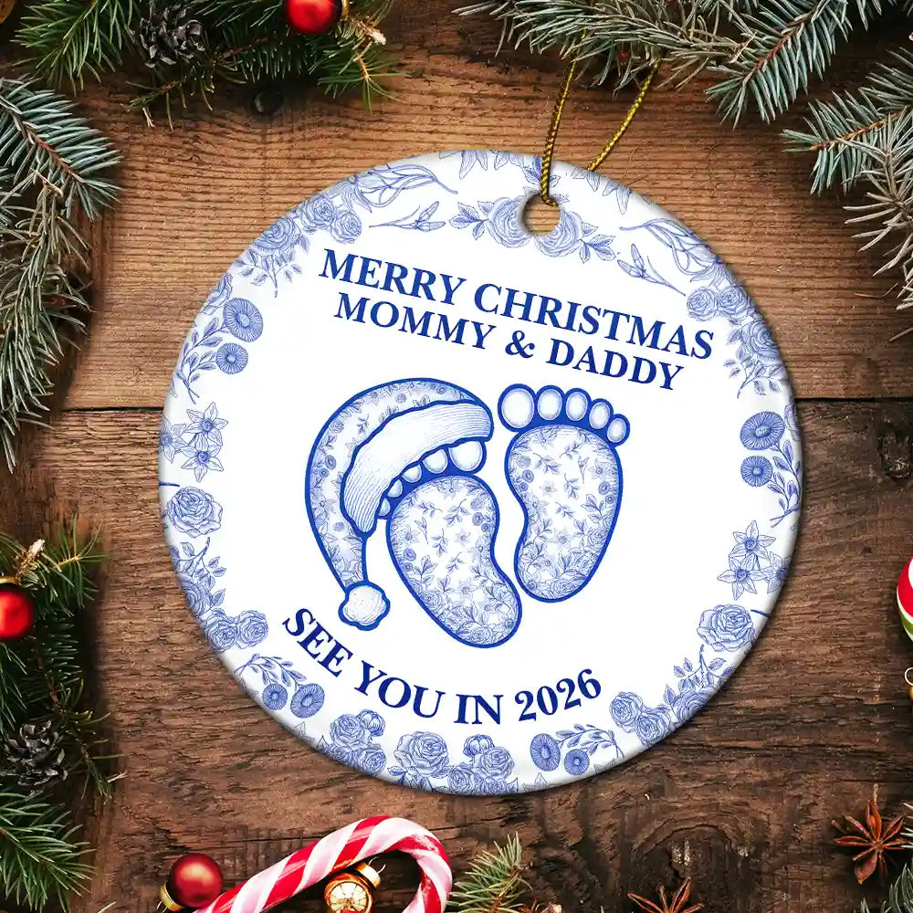 Christmas,New Dad,New Mom,Family,Happy - Baby Expecting See You In 2026 Toile Pattern - Personalized Circle Ceramic Ornament