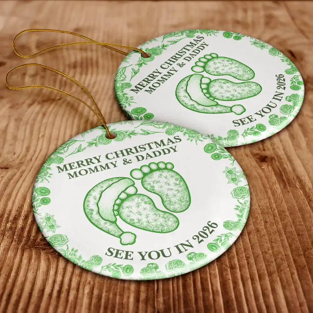 Christmas,New Dad,New Mom,Family,Happy - Baby Expecting See You In 2026 Toile Pattern - Personalized Circle Ceramic Ornament