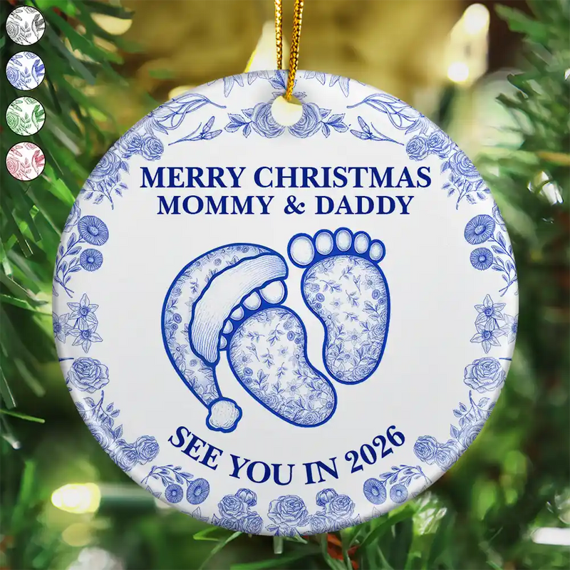 Christmas,New Dad,New Mom,Family,Happy - Baby Expecting See You In 2026 Toile Pattern - Personalized Circle Ceramic Ornament