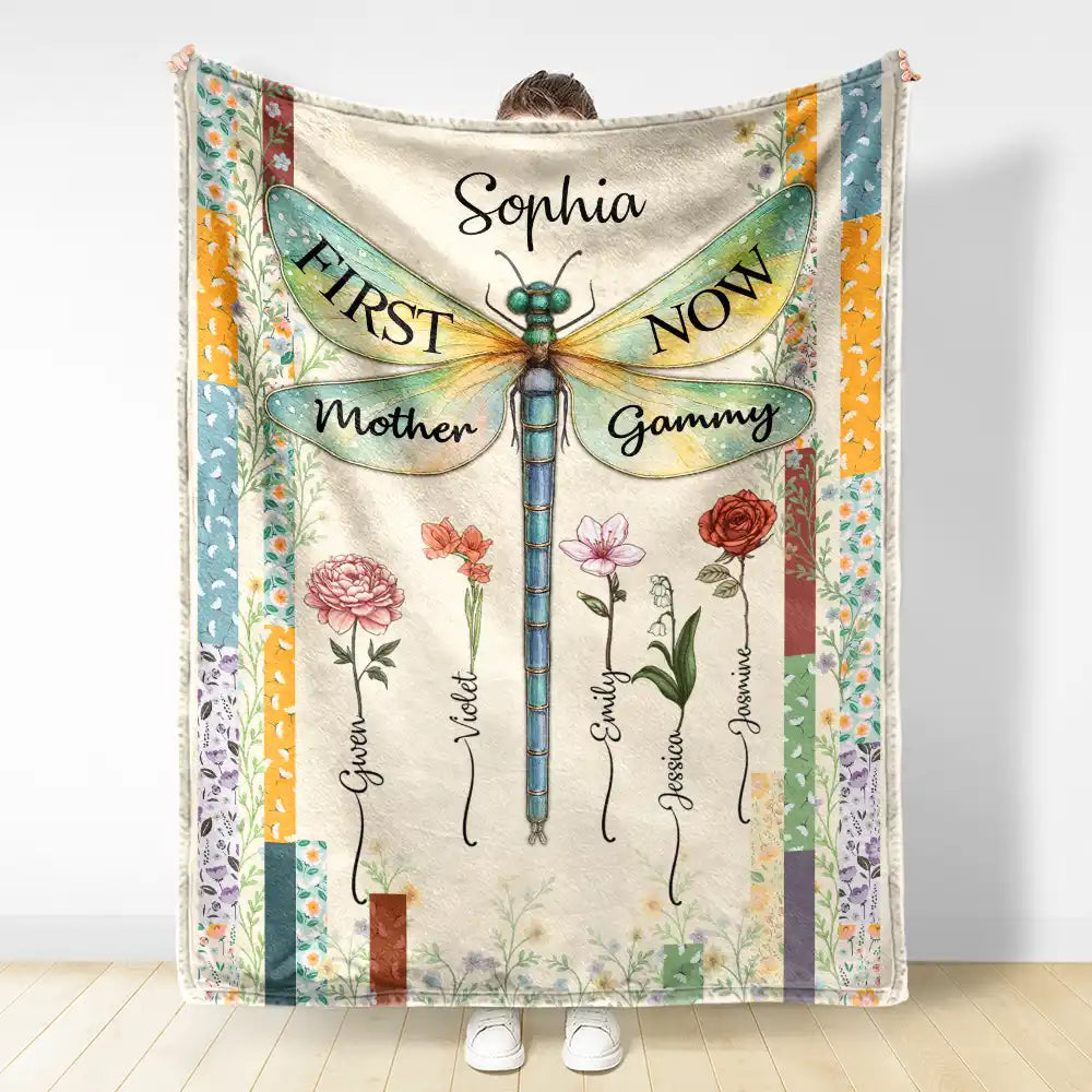 Gift For Grandma,Gift For Mother,Love,Gift For Women - Dragonfly Birth Month Flower First Mom Now Grandma - Personalized Fleece Blanket, Sherpa Blanket