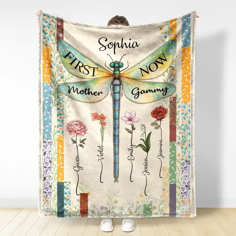 Gift For Grandma,Gift For Mother,Love,Gift For Women - Dragonfly Birth Month Flower First Mom Now Grandma - Personalized Fleece Blanket, Sherpa Blanket