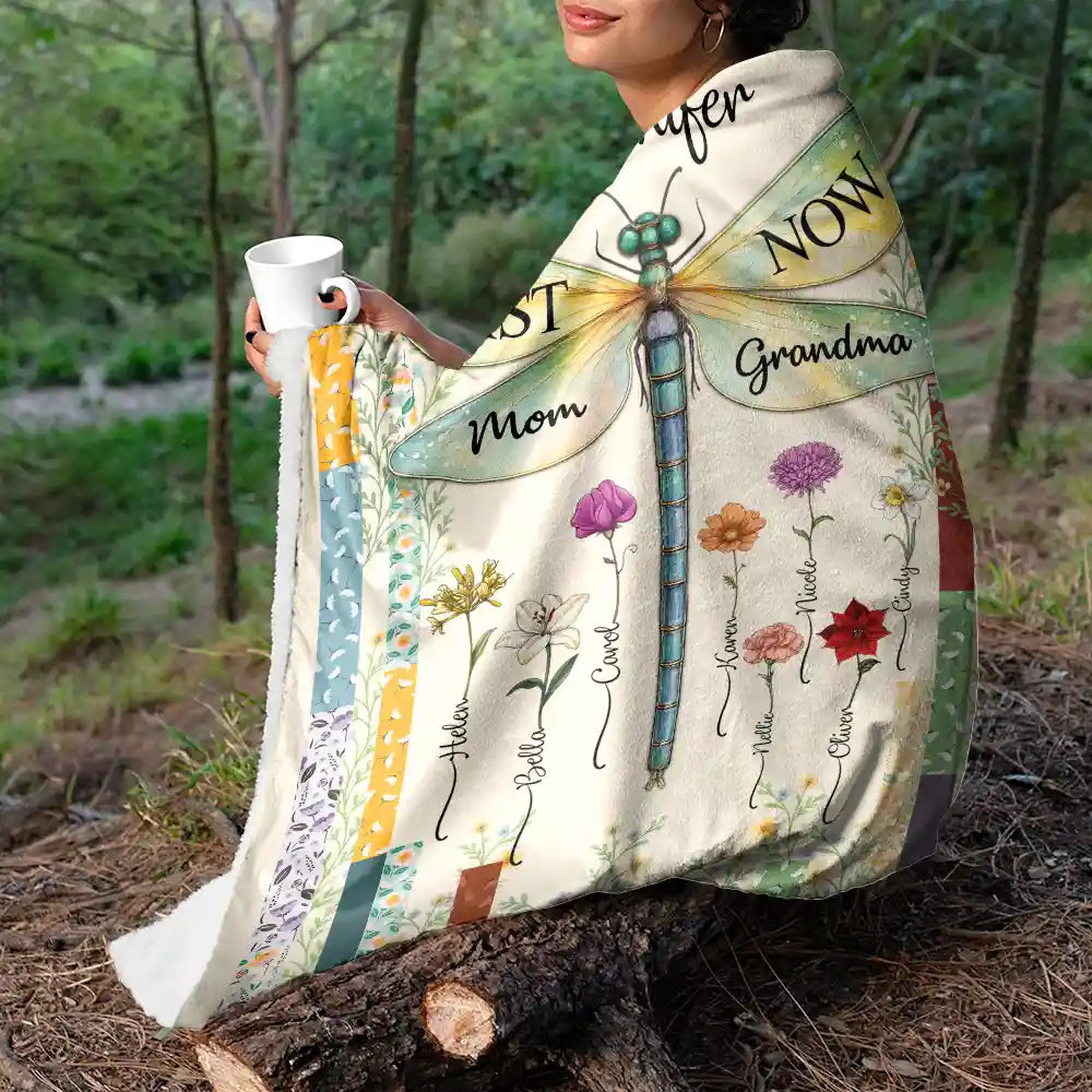 Gift For Grandma,Gift For Mother,Love,Gift For Women - Dragonfly Birth Month Flower First Mom Now Grandma - Personalized Fleece Blanket, Sherpa Blanket