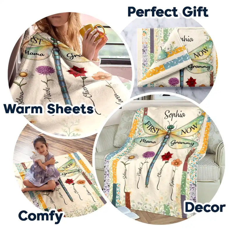 Gift For Grandma,Gift For Mother,Love,Gift For Women - Dragonfly Birth Month Flower First Mom Now Grandma - Personalized Fleece Blanket, Sherpa Blanket