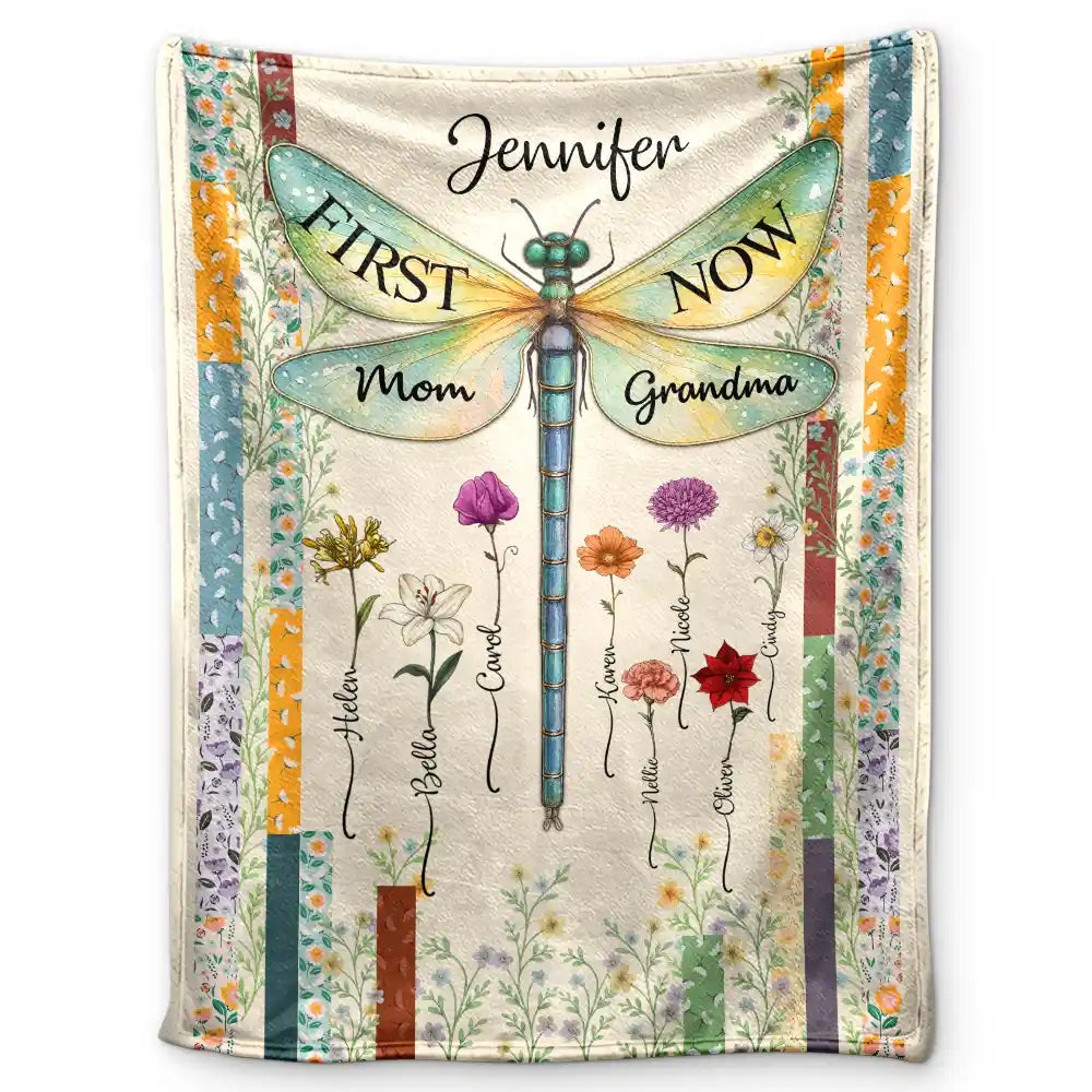 Gift For Grandma,Gift For Mother,Love,Gift For Women - Dragonfly Birth Month Flower First Mom Now Grandma - Personalized Fleece Blanket, Sherpa Blanket
