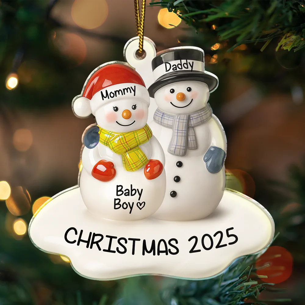 Christmas,New Dad,New baby,New Mom,Happy - Snowman Couple We're Expecting Ceramic Effect - Personalized Custom Shaped Acrylic Ornament