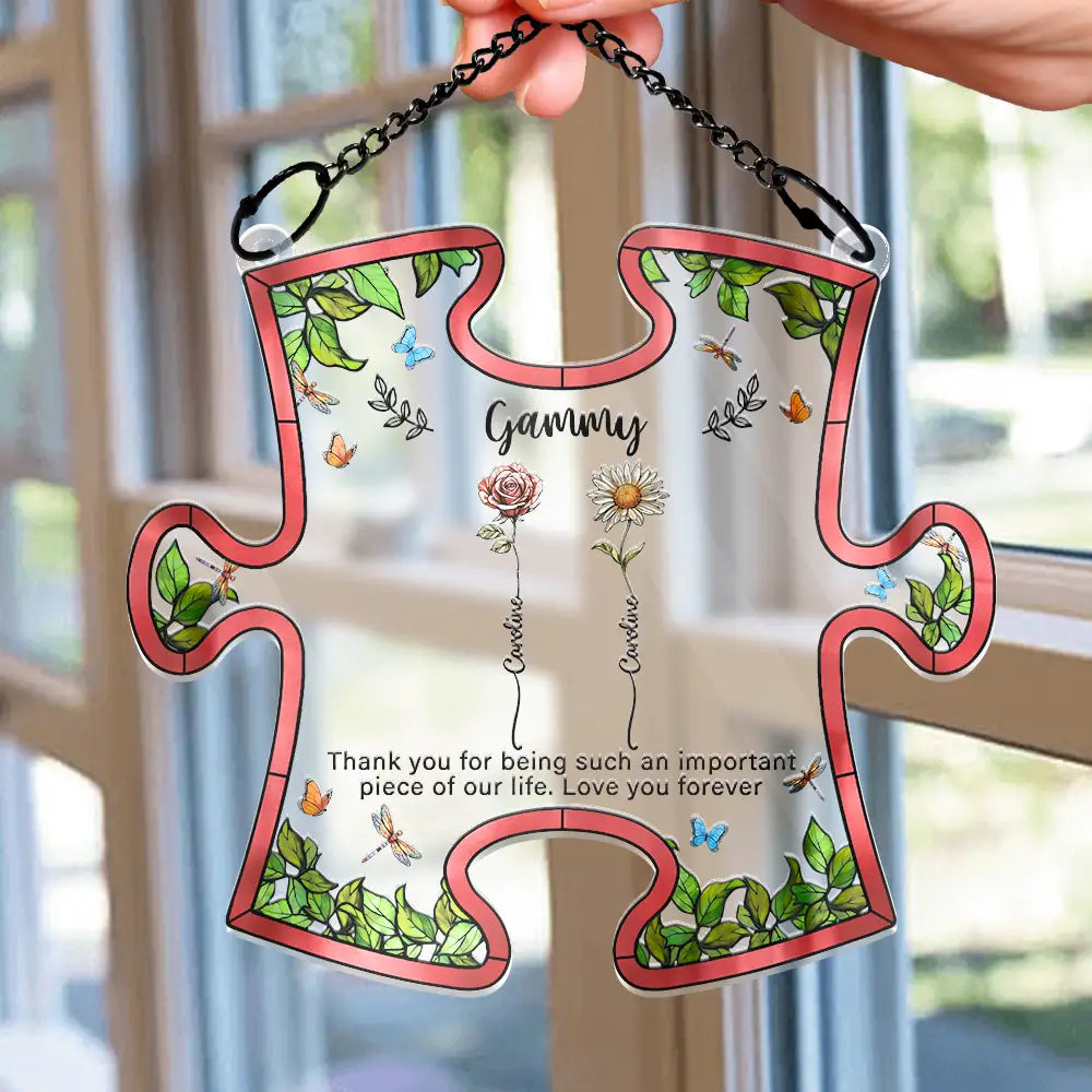 Gift For Grandma,Love - Important Piece Of My Life Grandma Birth Flower - Personalized Window Hanging Suncatcher Ornament