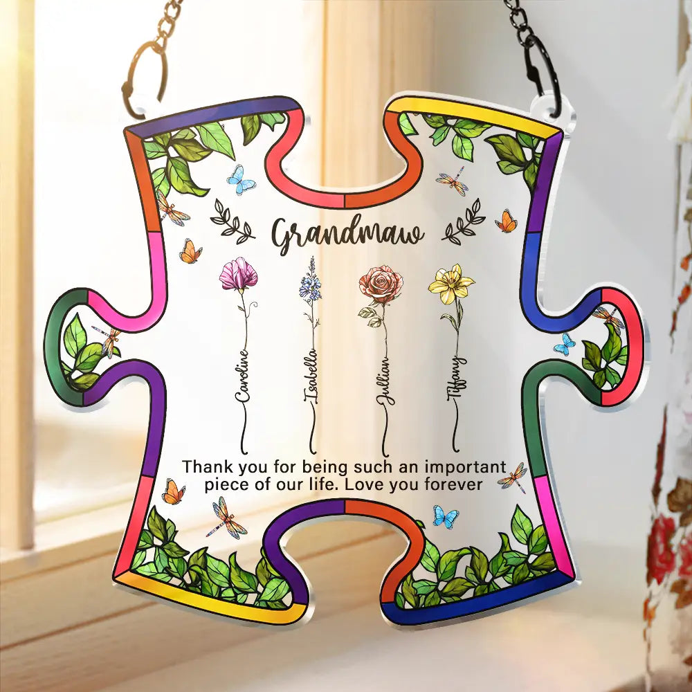 Gift For Grandma,Love - Important Piece Of My Life Grandma Birth Flower - Personalized Window Hanging Suncatcher Ornament