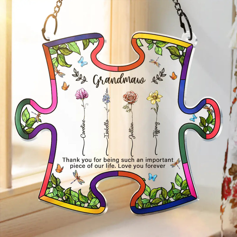 Gift For Grandma,Love - Important Piece Of My Life Grandma Birth Flower - Personalized Window Hanging Suncatcher Ornament