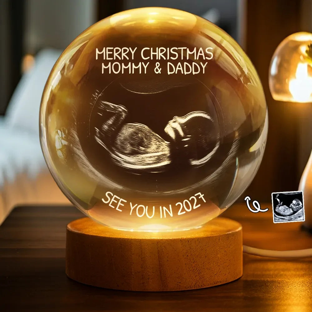 Custom Photo,Christmas,New Dad,New baby,New Mom,Happy - Custom Photo Baby Expecting See You In 2027 - Personalized Crystal Globe Lamp
