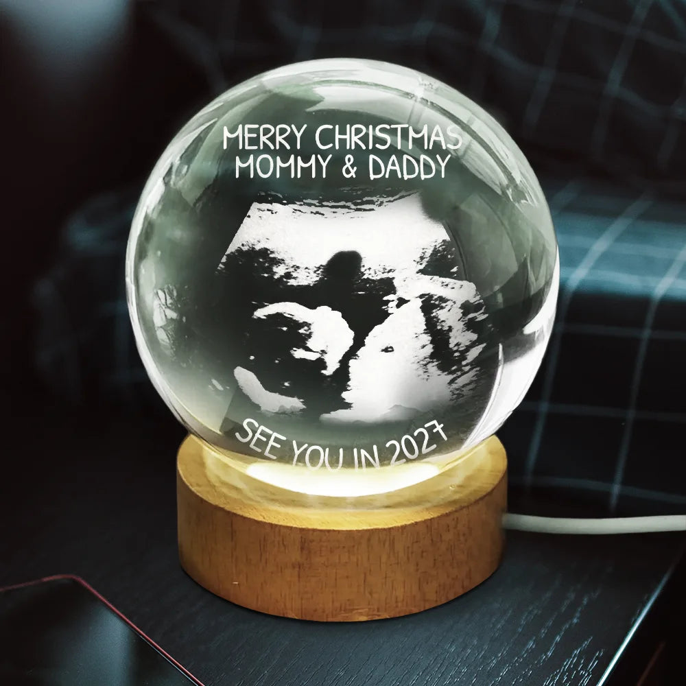 Custom Photo,Christmas,New Dad,New baby,New Mom,Happy - Custom Photo Baby Expecting See You In 2027 - Personalized Crystal Globe Lamp