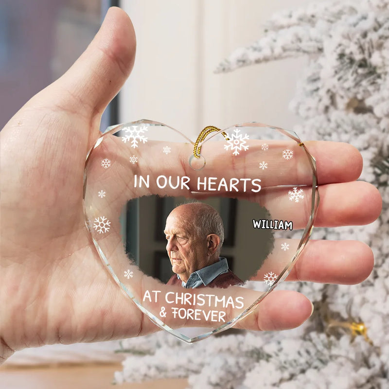 Christmas, Custom Photo, Memorial, Sad, Family - Custom Photo In Our Heart At Christmas & Forever - Personalized Heart Shaped Glass Ornament