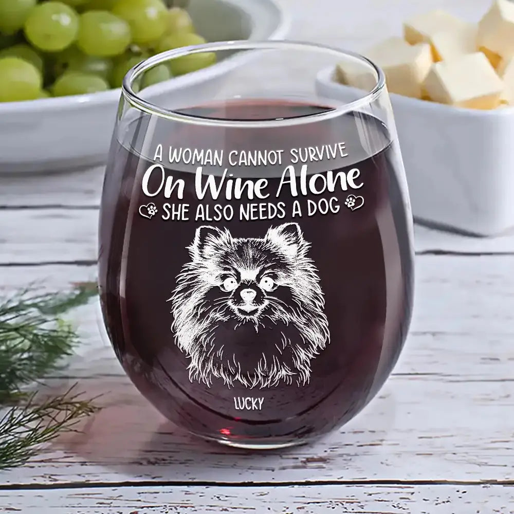 Pet Lovers, Pet Mom, Pet Dad, Happy - Custom Photo Pencil Sketch Pet Portrait A Woman & Her Dog - Personalized Stemless Wine Glass