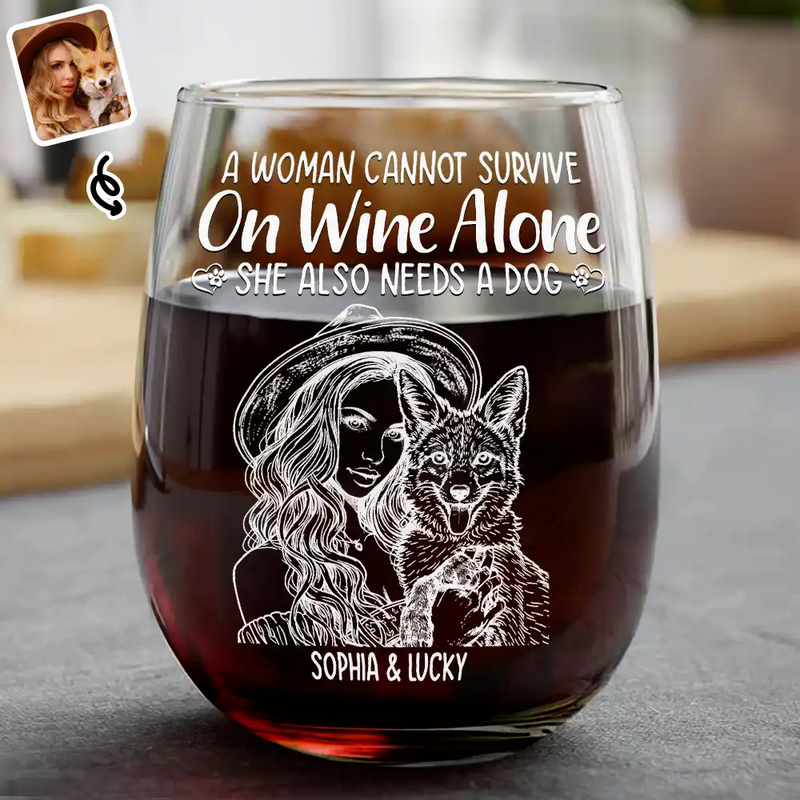 Pet Lovers, Pet Mom, Pet Dad, Happy - Custom Photo Pencil Sketch Pet Portrait A Woman & Her Dog - Personalized Stemless Wine Glass